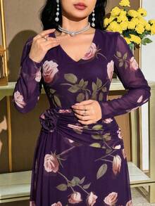 Modelyn 大尺碼花卉印花百褶 3D 花朵裝飾長袖度假洋裝 - 紫色 - 查看 6
