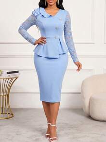 SHEIN Lady Conjunto de 2 piezas de blusa de manga larga de encaje y minifalda de unicolor para mujer - Celeste - Ver 3