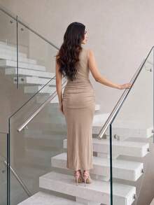 Modelyn Sleeveless High Neck Pleated Versatile Elegant Cocktail Party Dress - Khaki - View 7