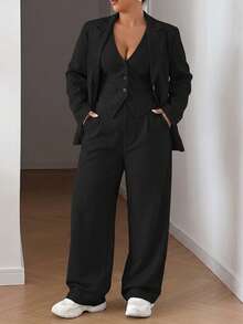 LYSMO Plus Size Women's Solid Color Single-Breasted Blazer Vest, Long Sleeve Jacket And Pants Suit Set - Black - View 6