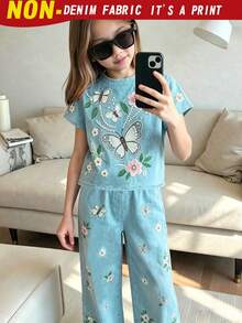 SHEIN Elladie kids 2件組基礎休閒懶人純色套裝，圓領短袖T恤搭配條紋布料直筒長褲，適合日常外出與多種場合，春夏四季兒童舒適日常夏日穿搭 - 藍色 - 查看 3