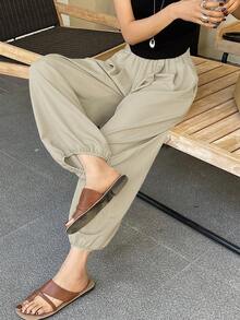 DAZY 女款寬鬆純色短褲，休閒度假夏季長褲 - 淺灰色 - 查看 4