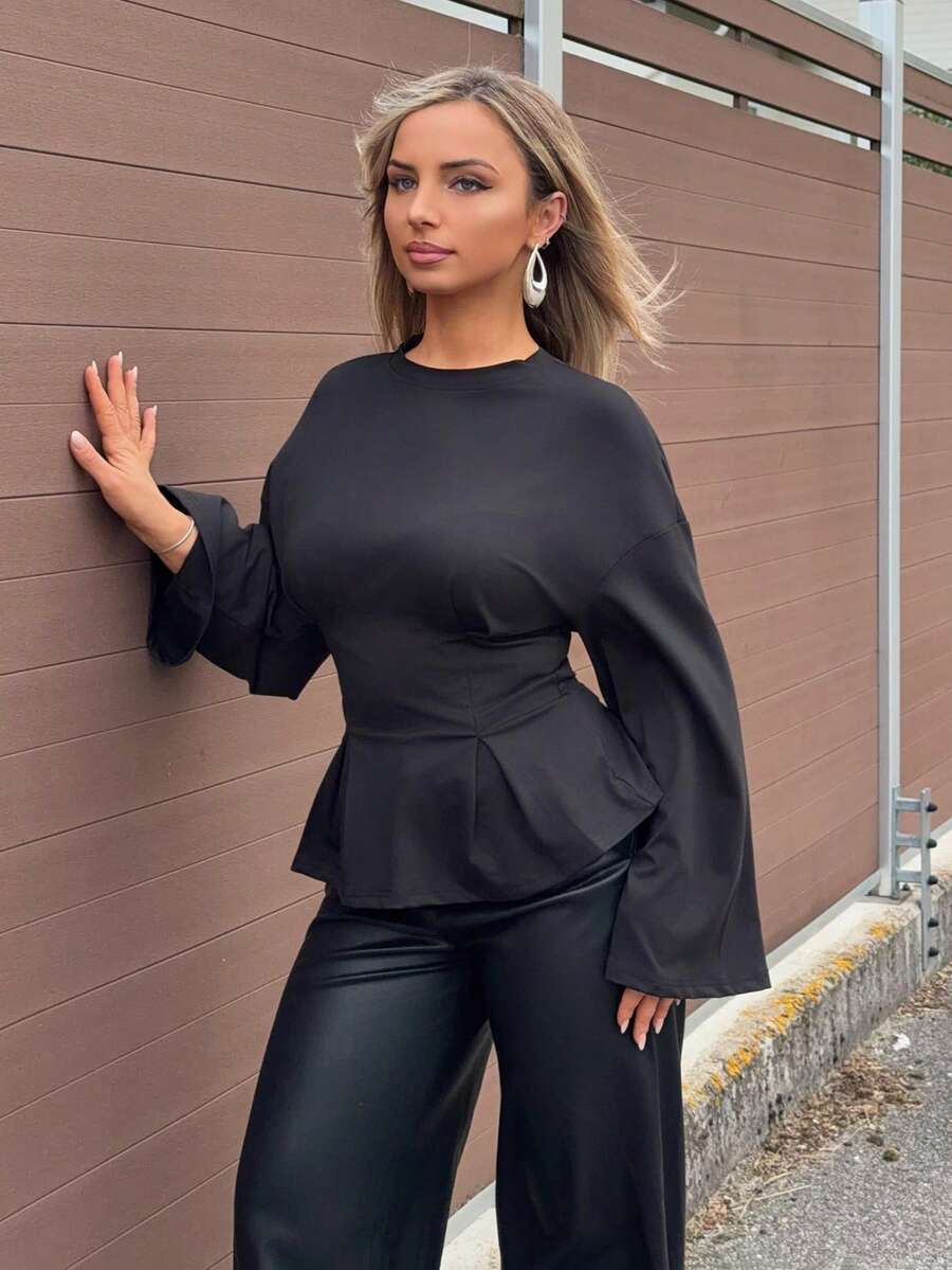 Jeta Ari Siren Gaze Women's Solid Color Round Neck Long Sleeve Cinched Waist Pleated Hem Casual T-Shirt Black,Black Top Spring