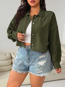 SHEIN EZwear 女款大尺碼軍綠色長袖單排扣休閒夾克外套 秋季 - 軍綠色 - 查看 4