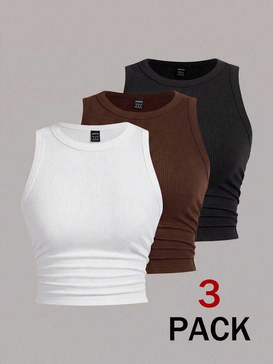 SHEIN EZwear 多色針織女款修身背心 - 彩色 - 查看 1