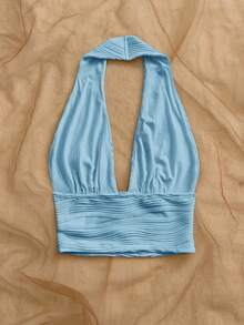 Soleia Women's Textured Halter Neck Tank Top For Beach Vacation - Blue - View 2
