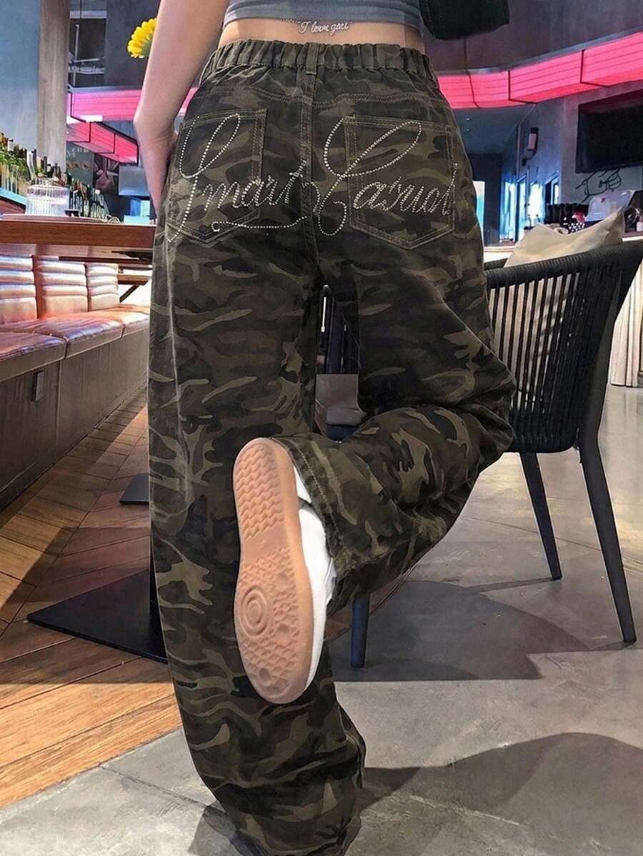 Dazy Plus Street Casual Camouflage Loose Long Pants With Back Letter Rhinestone Design, Long Denim Jeans, All Season Fall - Army Green - View 1