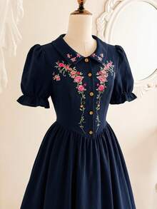 Vintamour 女款花卉印花百褶休閒浪漫 1960 年代復古派對野餐約會之夜中長洋裝 海軍藍花卉夏季 - 藏蓝色 - 查看 4