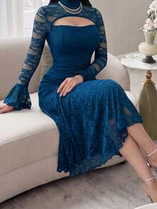 Feyla Plus Size Women's Elegant Lace Dress With Stand Collar, Flared Sleeves And Cutout Design - Teal Blue - View 4