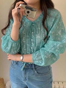 Dazy Plus 小碎花滿版繫腰優雅寬鬆粉色燈籠袖長袖襯衫，適合春夏秋季 - 薄荷綠 - 查看 1