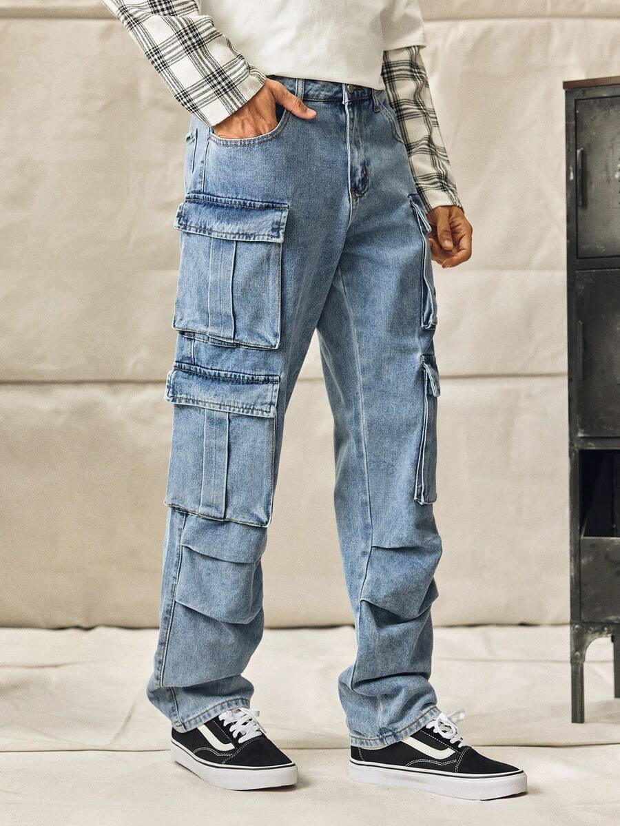 Norleigh Men's Casual Washed Straight Leg Cargo Jeans - Light Wash - View 1