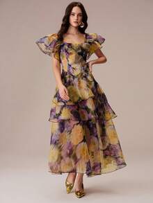 BELROSIE Summer Purple And Yellow Floral Colorblock Organza Ruffle Flutter Sleeve Split Hem Layered Cake Skirt Cinched Waist Women's Dress Wedding Garden - Multicolor - View 4