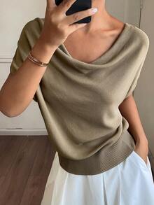 Livesso Tall Women's Cowl Neck Short Sleeve Casual Knit Top Fall - Khaki - View 4