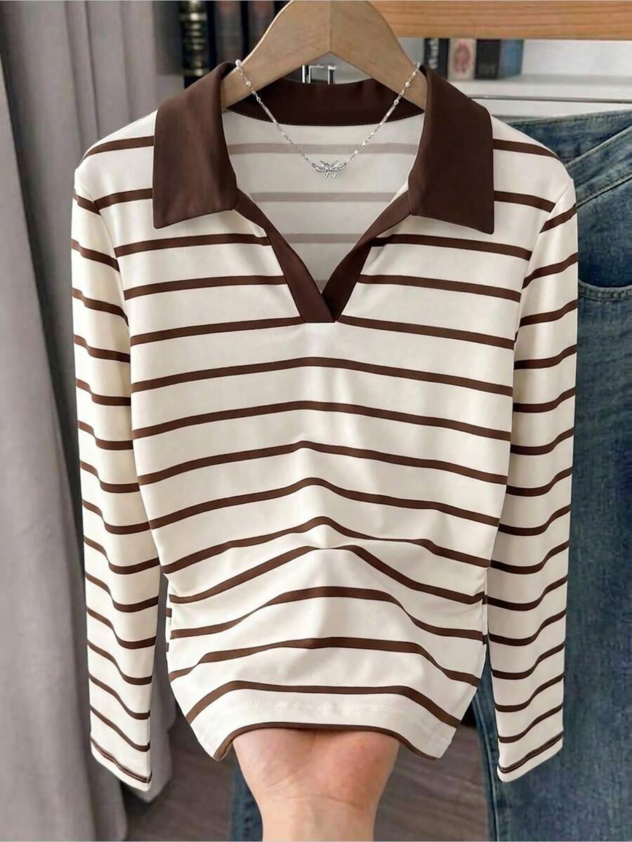 Resyla 女款條紋長袖休閒 Polo 領 T 恤 - 彩色 - 查看 1