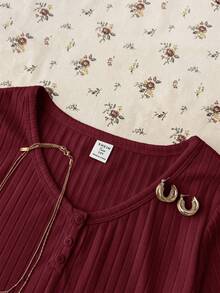Teen Girl Summer New Slim Fit Flattering Versatile Burgundy Ribbed Knit Round Neck Button Short Sleeve Top - Burgundy - View 6