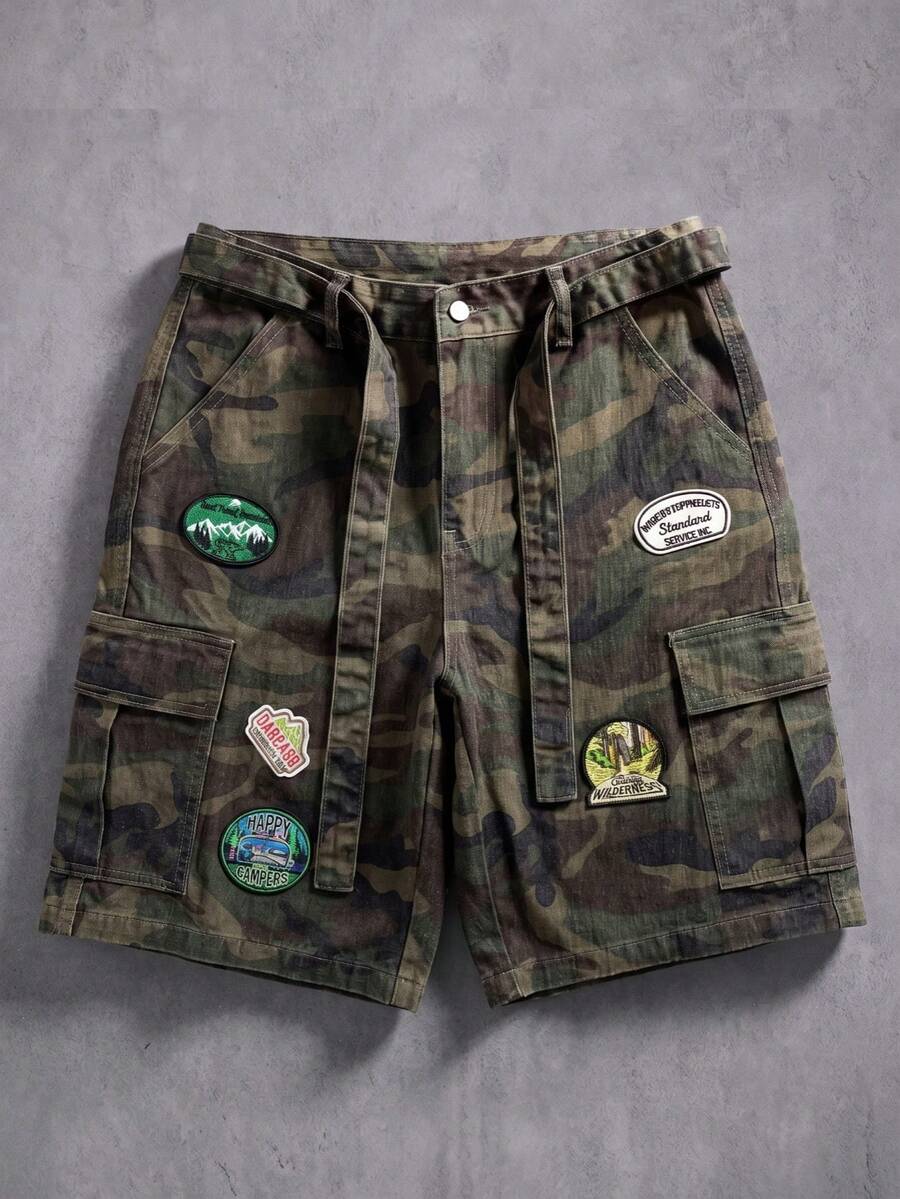 Manfinity Denimwave 男士街頭風休閒多口袋迷彩牛仔工裝短褲 - 軍綠色 - 查看 1