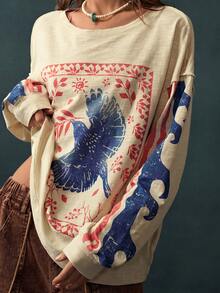 Bohemela Casual Solid Color Knit Crew Neck Long Sleeve Loose Fit Women's Sweatshirt - Apricot - View 6