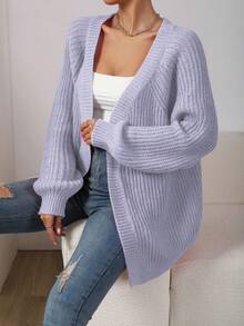 SHEIN LUNE 休閒百搭素色女款開襟羊毛衫 - 淡紫色 - 查看 4