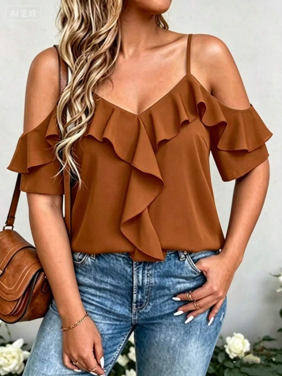 Breezaya Plus Size Black Cold Shoulder Ruffle Top - Sexy Thin Strap V-Neck Pleated Short Blouse, Designed For Curvy Women - Brown - View 1