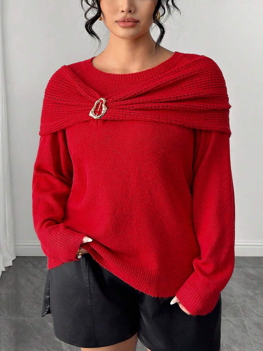 Elenzga Plus Size Metal Buckle Twisted Knit Pullover Sweater Winter - Red - View 1