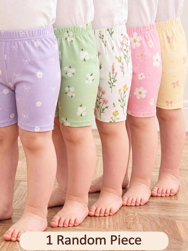 Souflis Souflis 1pc Girls Toddler Surprise Blind Box Random Shorts, Casual Versatile Soft Cute Floral, Daisy, Bow Pattern Shorts, Suitable For Spring/Summer Casual Wear, Multi-Color Sweet Cute Printed Shorts, Versatile All-Match Shorts For Spring/Summer Outings And Daily Matching
