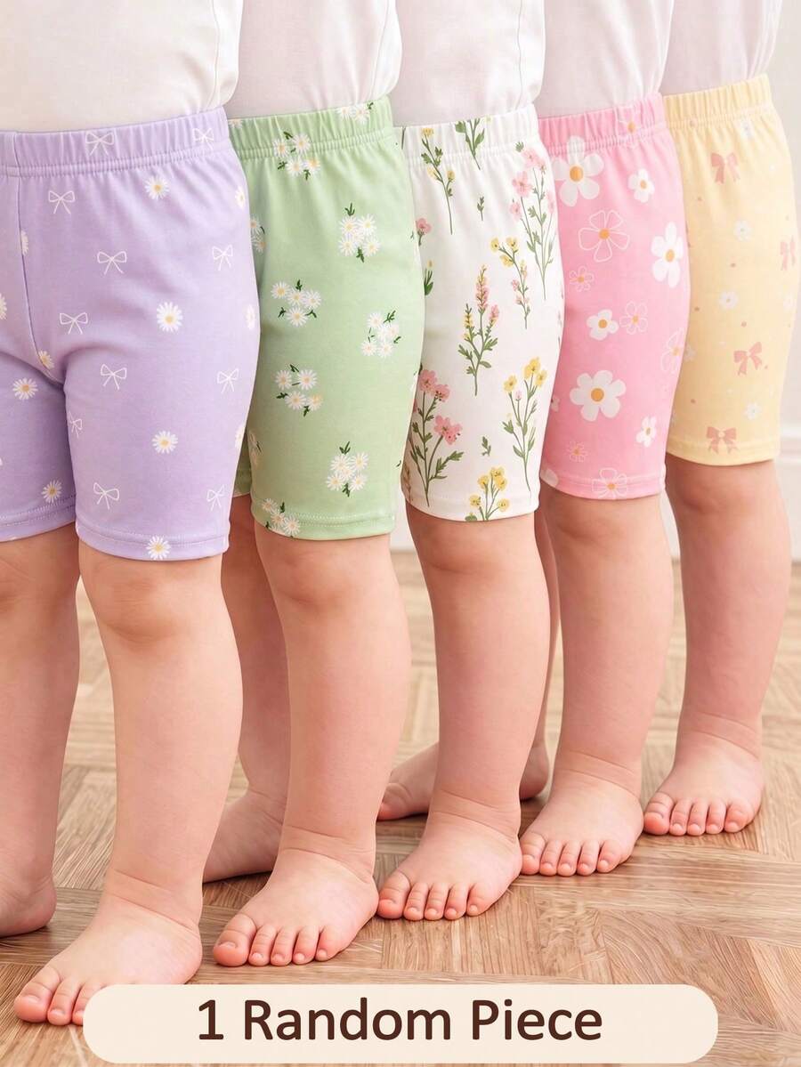 Souflis Souflis 1件女童幼兒驚喜盲盒隨機短褲,休閒百搭柔軟可愛花卉、雛菊、蝴蝶結圖案短褲,適合春夏休閒穿著,多色甜美可愛印花短褲,春夏出遊與日常搭配百搭短褲 - 彩色 - 查看 1
