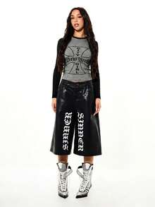 SUMWON WOMEN New York City Girl Gothic Cross Graphic Raglan Crop Top Long Sleeve Ribbed Crew Neck Two-Tone Color Block Fitted Tee - Grey - View 3
