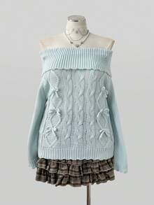 Sunspun Women's Plus Size Bowknot 3D Cable Knit Pullover Sweater Fall - Blue - View 3