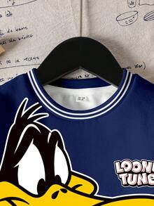 LOONEY TUNES X SHEIN 小男孩卡通印花條紋圓領長袖運動衫 - 白色 - 查看 4