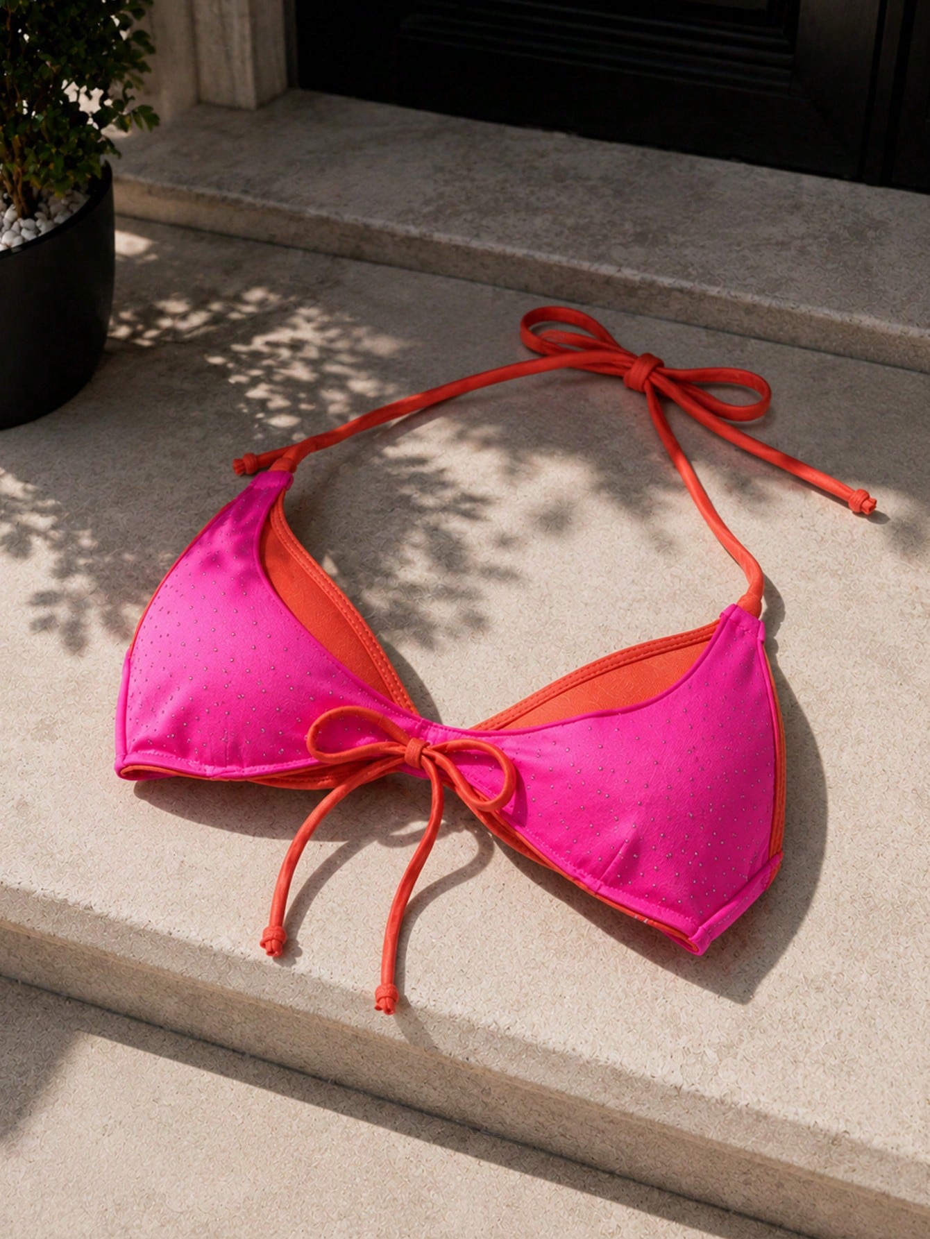 Pink Orange Midnight Sun Y2K Embellished Bikini Top Beach Vacation, view 3