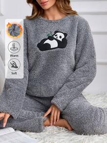 SHEIN Grey Fuzzy Plush Cute Panda Applique Embroidery Cozy Winter Homewear Pajama Set - Grey - View 9