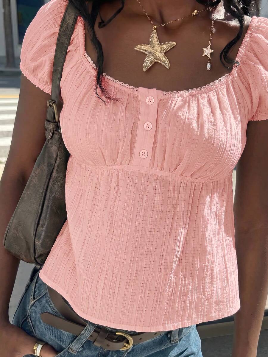 SHEIN EZwear 女款甜美鈕扣蕾絲拼接襯衫，適合度假與約會 - 粉色 - 查看 1