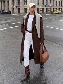 Struktiv Vintage Coffee Faux Suede Trench Coat, Notch Collar Adjustable Cuff Side Pocket Outerwear - Coffee Brown - View 10