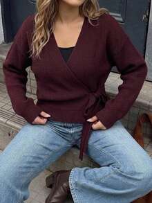 Dazy Plus Brown Casual Asymmetric Placket Lace-Up Design Fun Commute Autumn/Winter Pullover Sweater - Brown - View 4