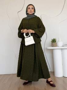 Solavon Plus Size Women's Green Ruched Long Sleeve Top And Skirt Casual 2-Piece Set - Army Green - View 6