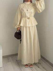 Solavon Women's Elegant Modest Casual Vacation Two Pieces Set Beige Textured Pleated Woven Design Includes Long-Sleeved Bubble-Sleev Brunch Autumn - Light Yellow - View 3