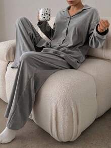 DAZY Minimalist Knit Comfortable Loungewear Set - Grey - View 3