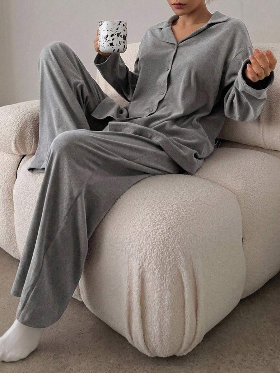 DAZY Minimalist Knit Comfortable Loungewear Set - Grey - View 1