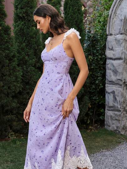 VOLUPTÉ CURVE Biamma Spring/Summer Purple Floral Print Dress, V-Neck, Delicate Lace Trim Straps, Fitted Bust Detail, Ruffle Hem, Exquisite Lace Pattern Decoration - Ultra Long Romantic French Style Maxi Dress, Suitable For Vacation, Date Night, Social Gathering, Afternoon Tea, Travel And Wedding Guest