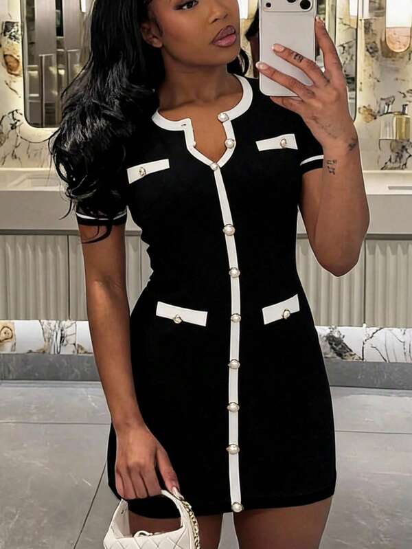 SHEIN SXY Nouvelle arrivée Robe pull ajustée noire élégante et sexy de style français pour femmes, été