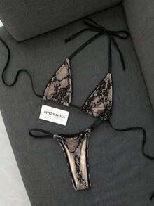 Bonvoyette 女款海灘蕾絲掛脖綁帶性感比基尼兩件式泳衣套裝 - 黑色 - 查看 5