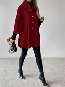 SHEIN LUNE Women's Solid Color Single-Breasted Raglan Sleeve Pleated Elegant Overcoat, Autumn/Winter - Burgundy - View 6