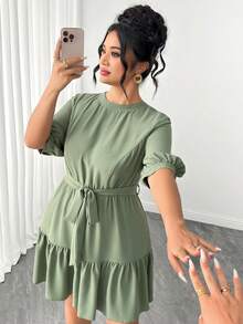 Elenzga Plus Size Women Solid Color Pleated Casual Elegant Everyday Autumn Dress Formal Brunch Sage Green - Army Green - View 1