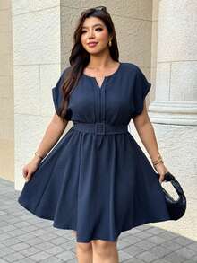 Easura Plus Size Elegant Casual Commuter Date Office Working Formal Professional Round Neck Waist-Cinching Navy Blue Knee-Length Dress Fall - Navy Blue - View 6