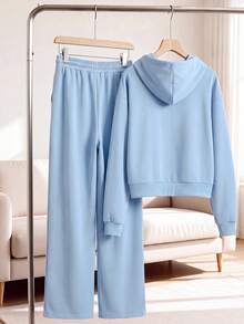 GlowEve CURVE Plus Size Embroidered Casual Hoodie & Sweatpants 2 Pieces Set, Autumn/Winter - Blue - View 2