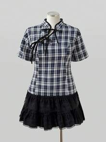 Sunspun Plus Size Summer Casual Plaid Tie-Front Cheongsam Collar Shirt - Multicolor - View 5