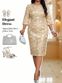 Fleurora Plus Size Women's Jacquard Round Neck 3/4 Sleeve Elegant Dress Fall - Gold - View 1