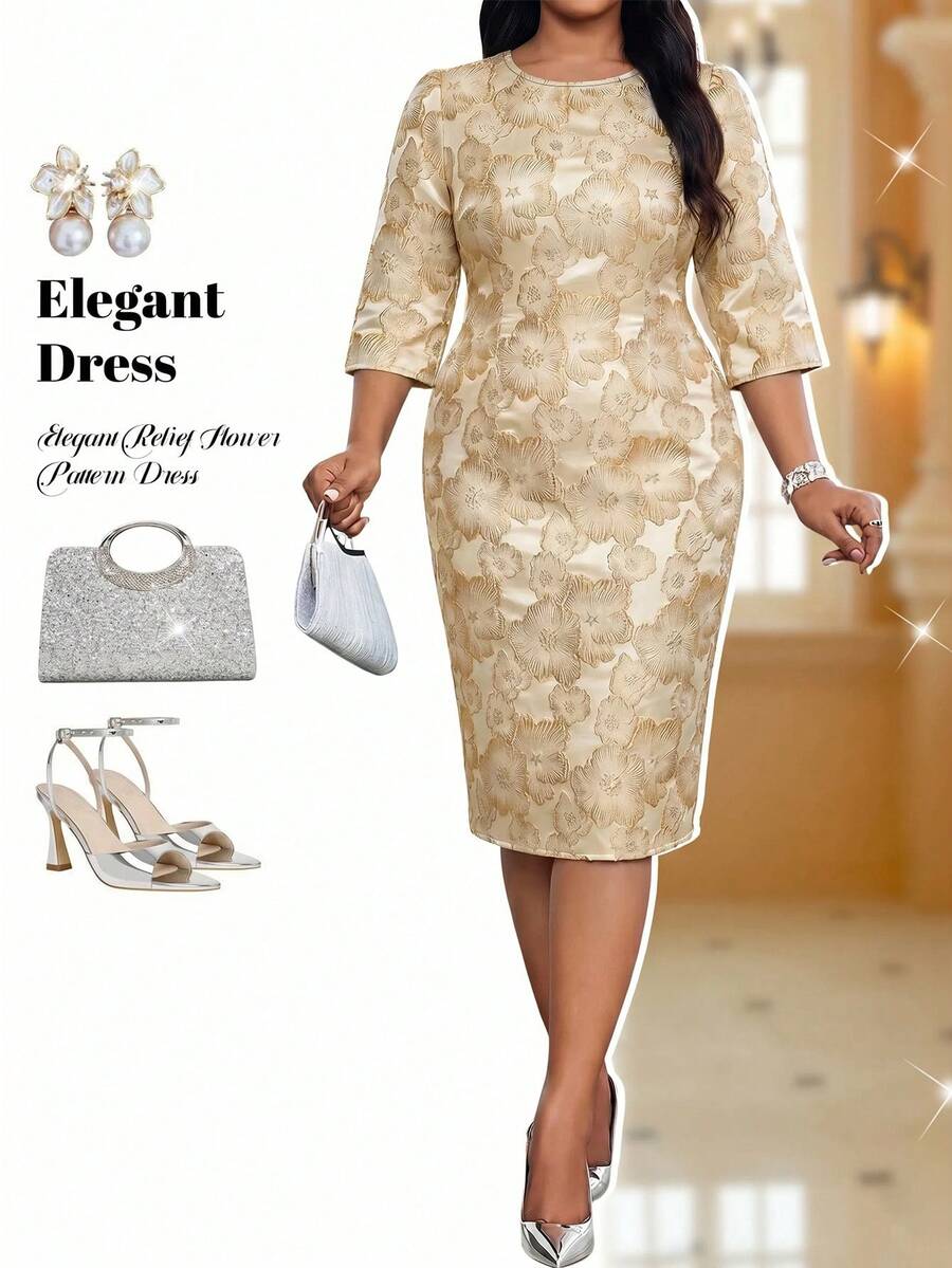 Fleurora Plus Size Women's Jacquard Round Neck 3/4 Sleeve Elegant Dress Fall - Gold - View 1