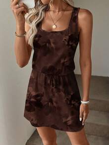 SHEIN LUNE Gaun Pendek Kasual Wanita Bermotif, Cocok untuk Musim Semi/Panas, Motif Tie-Dye Cokelat Elegan - MultiWarna - View 5