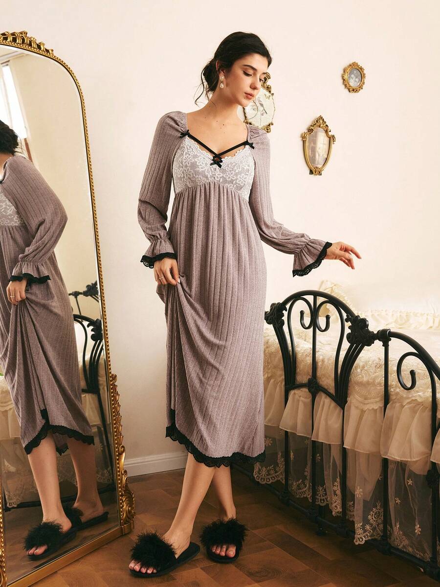 Côtesoire Women's Lace Patchwork Pleated Casual Daily Home Sleep Dress - Pink - View 1